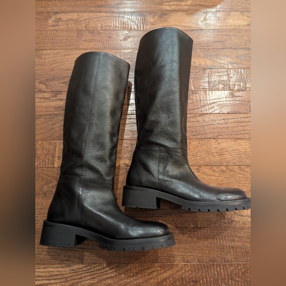 Women's Zara Black vegan Leather Low Heel Knee High Boots SZ 41 pull-on fit. - Picture 3 of 12